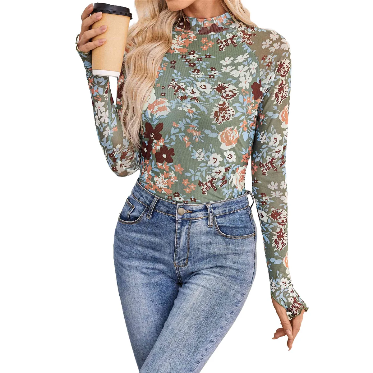 

Ladies Lace Long Sleeve Floral Mesh Stand Collar Outing Top Dark Green Flowers M