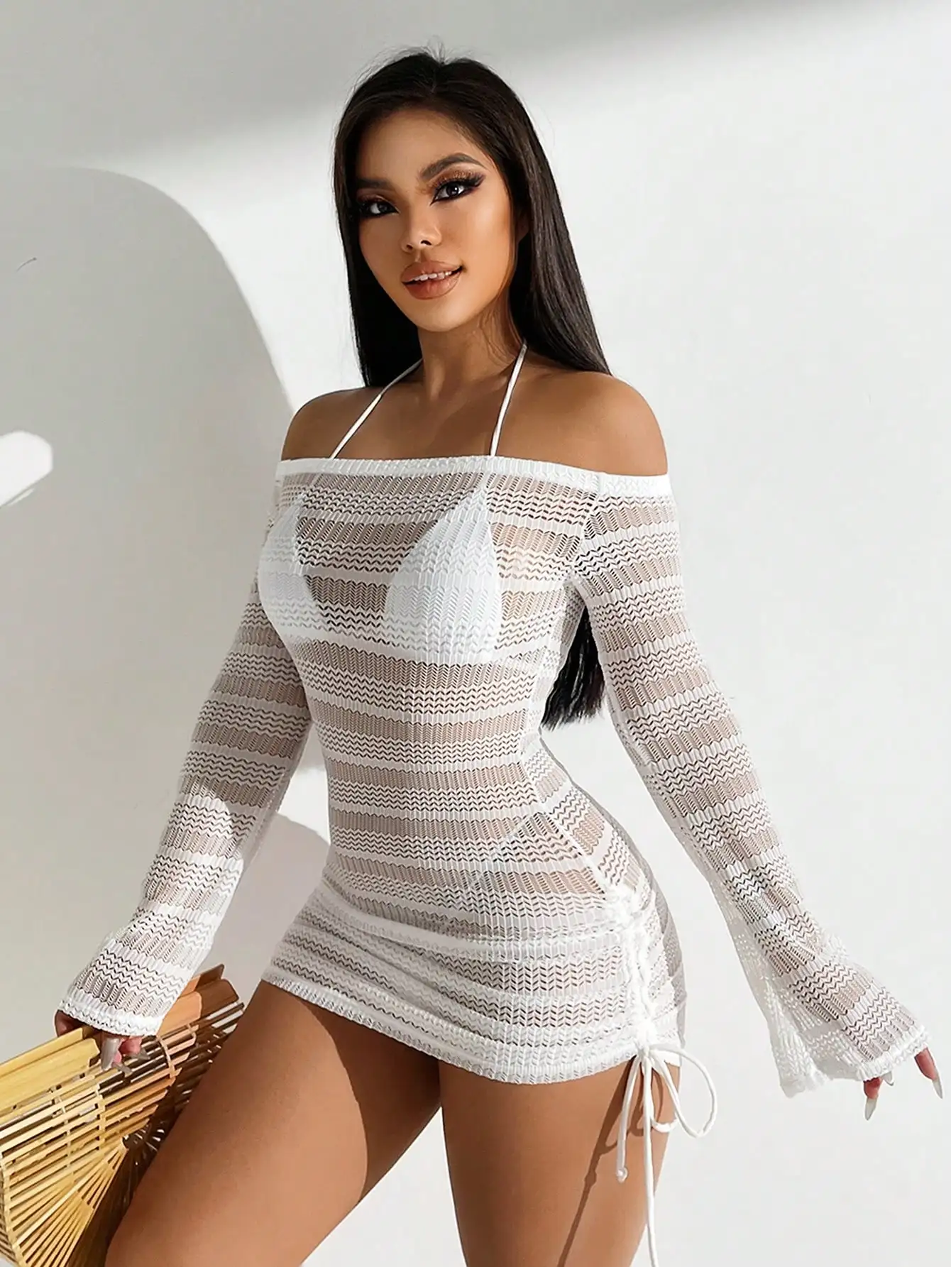 White Zigzag Sheer Off-Shoulder Long Sleeve Mini Dress With Side Lace-Up Detail For Summer Beach Cover Up