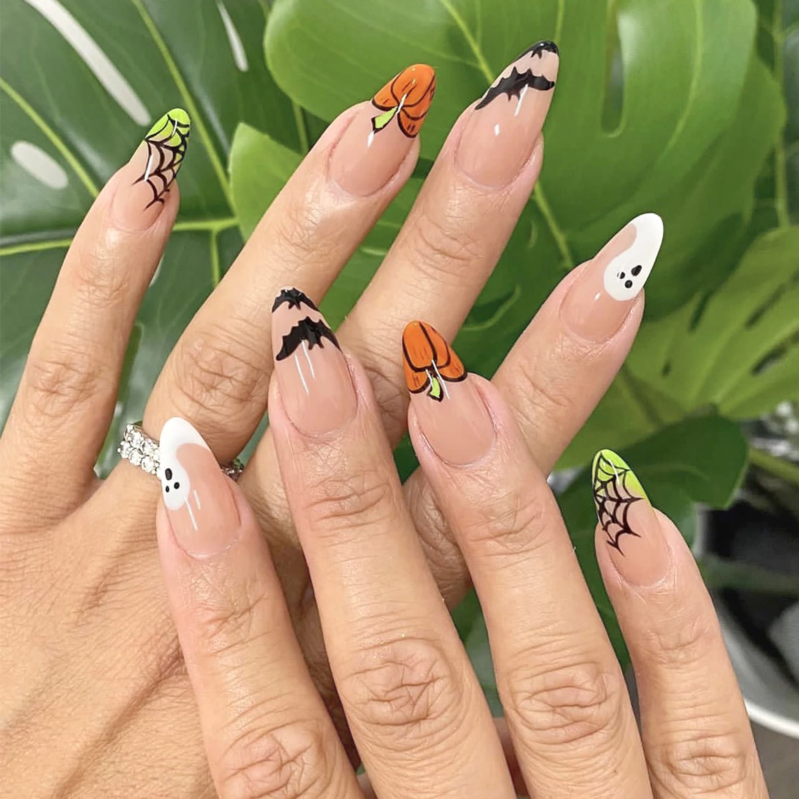 24pcs Halloween French Tip Nude Fake Nails With Ghost Bat Spider Web Designs Wearable Press On Nails Long Almond False Nails