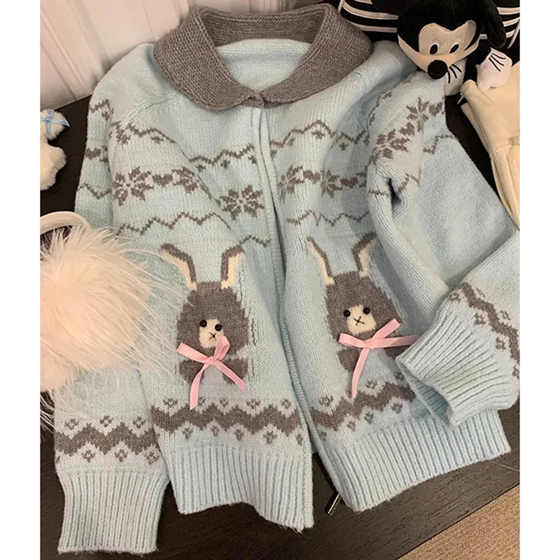 

Korean Sweet Bunny Sweater Women Long Sleeve O Neck Fall Winter Cardigan Zip Preppy Style Loose Kawaii Casual Harajukuknit Top