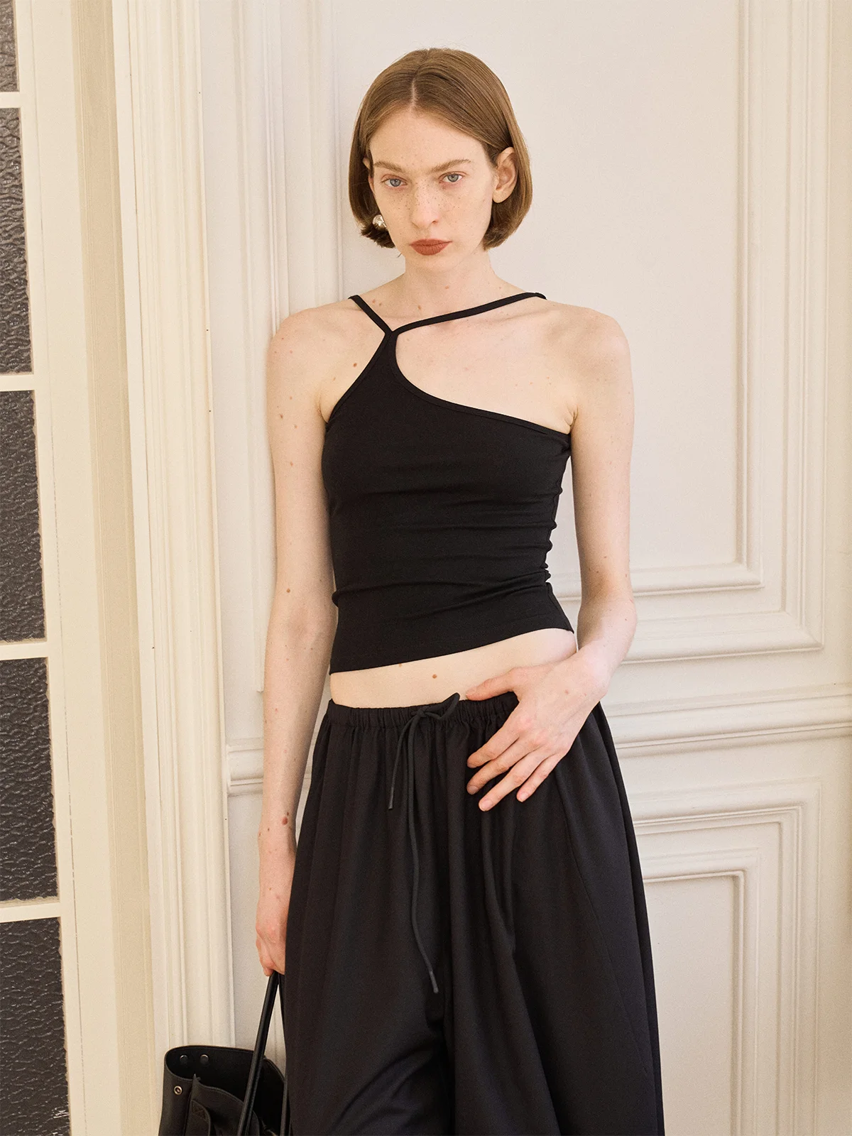 

Black Cross Back Vest Top Women's Asymmetrical Design Summer New Style a KIND EGO Rylee Fabric Slim Fit Outerwear Shoulder Strap