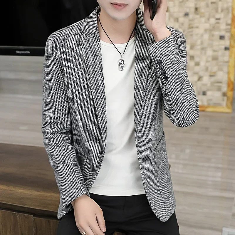 Blazer Homme Style Coréen 2026 de Haute Qualité – Nouvelle Collection Tendance, Coupe Slim, Rayé, po