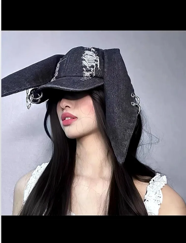 Original Gothic Women Mailard Denim Octagonal Cap Letters Wastland Punk Painter\'s Hat Cute Ears Cap