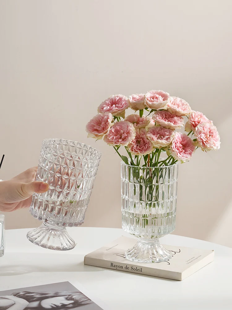 

Crystal Glass High Foot Flower Vase Sculpture Crt Transparent Glass Rose Tulip Special Flower Pot Home Decorative Accories