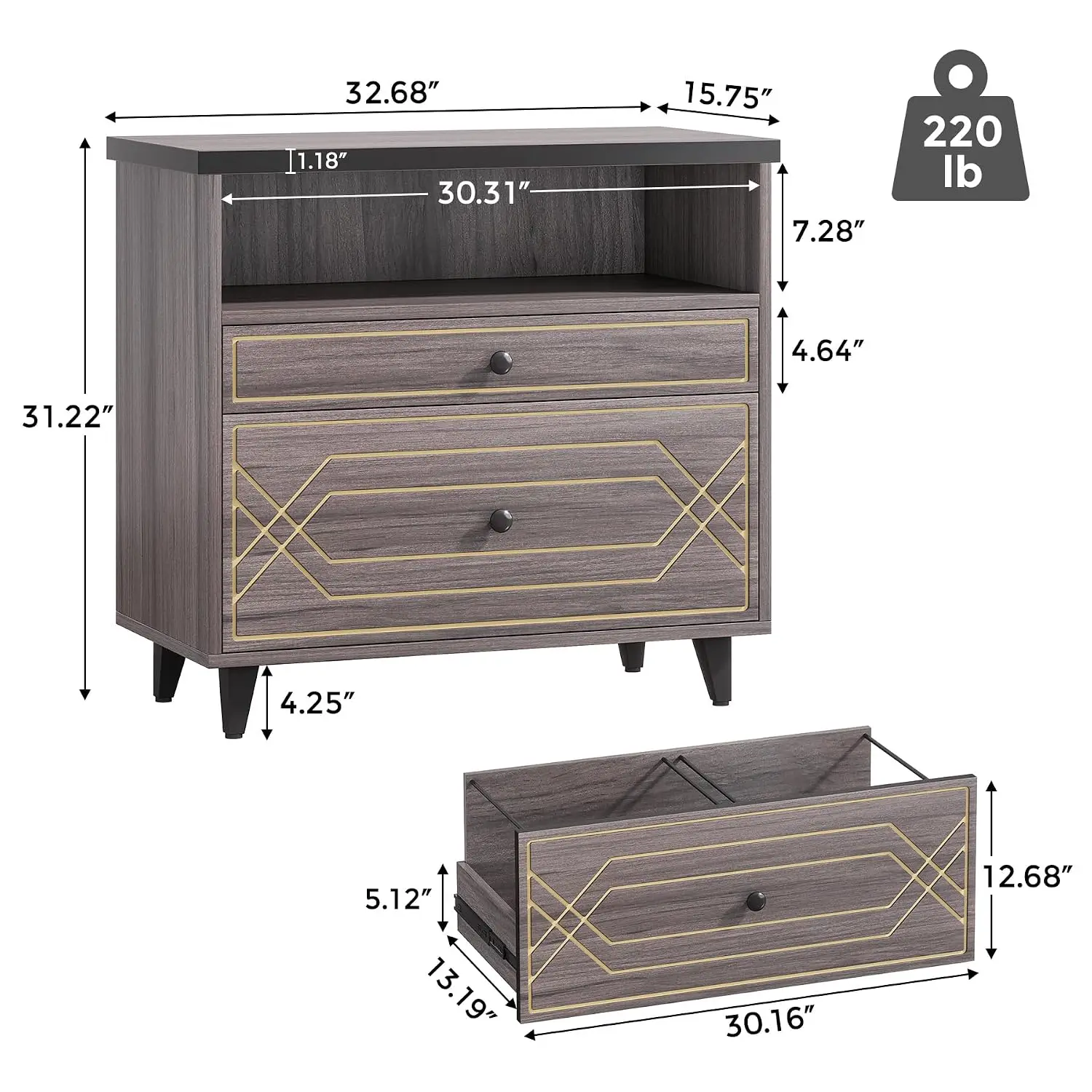 2-Drawer Lateral File Cabinet with Shelf, A4/Letter/Legal Size File Storage, Modern Industrial Office Printer Stand, Customized