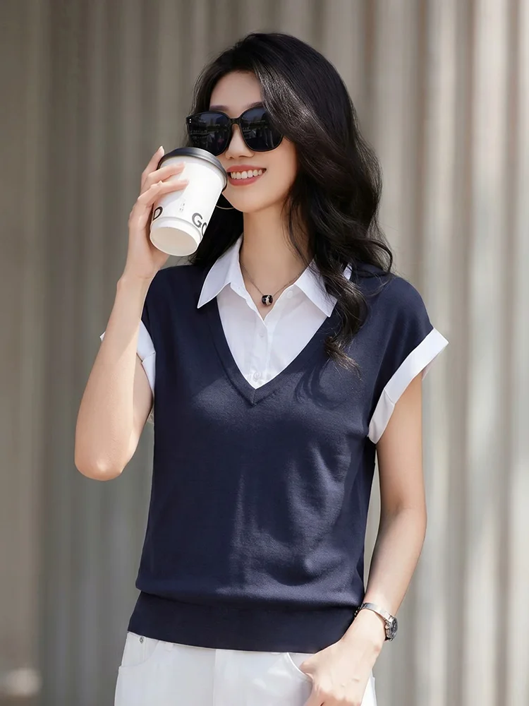 New Women Casual T-shirt Summer Fashion Contrast Color Turn-down Collar Short Sleeve Loose T-shirt Simplicity Daily T-shirt
