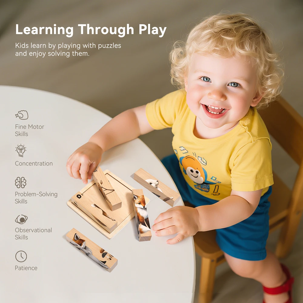 4 in 1 Wooden Animal Puzzle Blocks Owl Fox Deer Rabbit Solid Wood Fine Motor Skills Baby Toys Problem Solving Wooden Toys Gifts