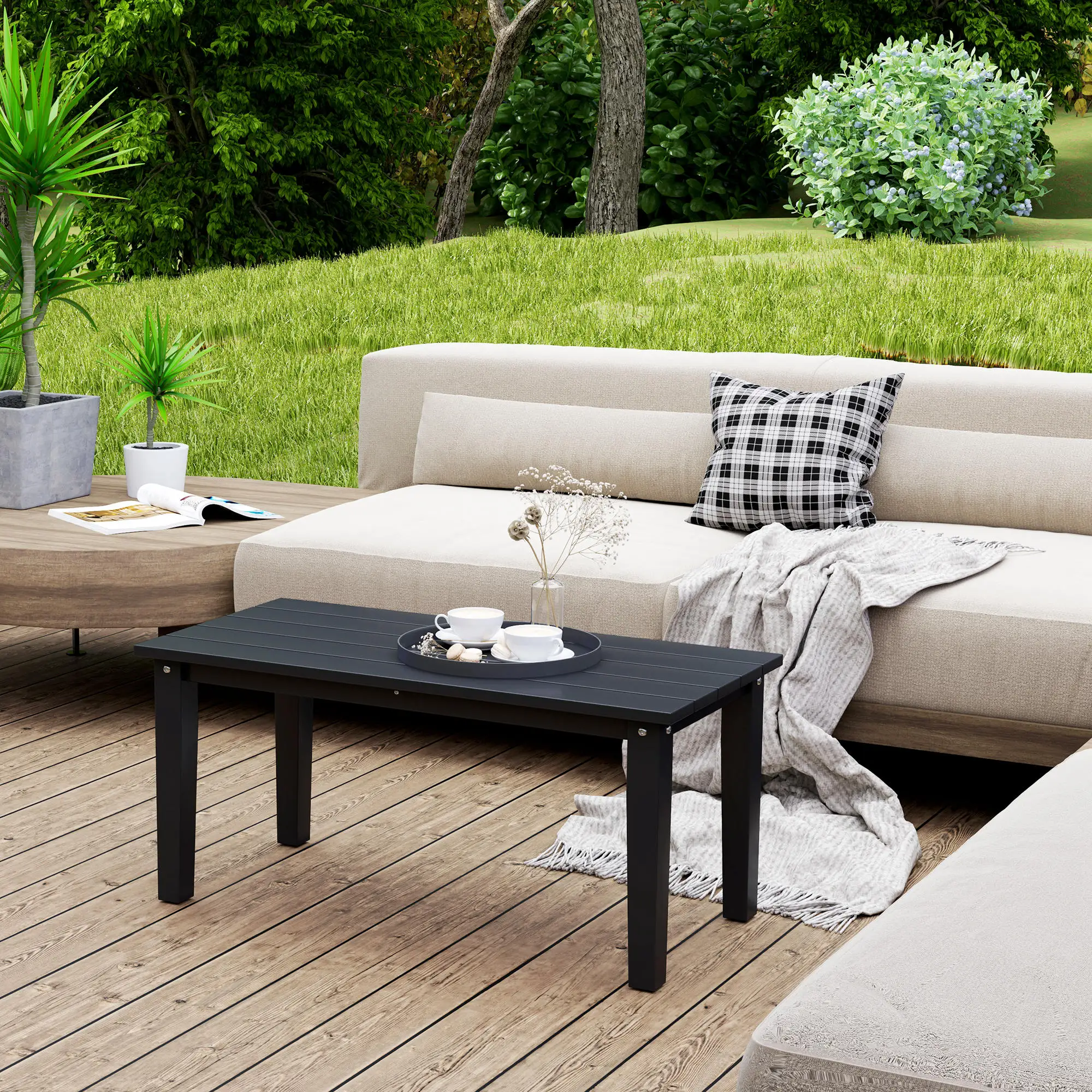 Hdpe Outdoor Coffee Table, Rectangle Slatted Patio Table, Bl
