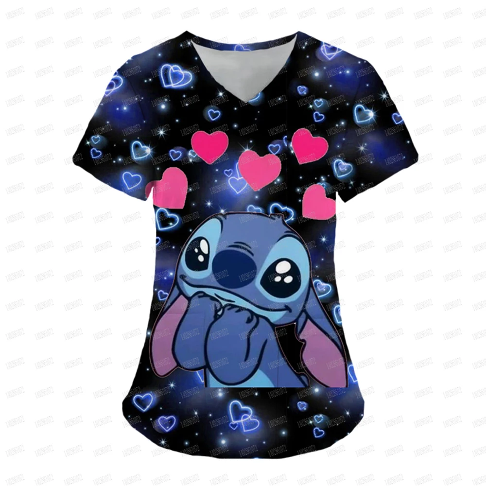 Nurse Uniform Tops V Neck T Shirt Disney Stitch Hospital Woman Clothes Pocket Top Women 2024 Summer T-shirt Shirts T-shirts Tees