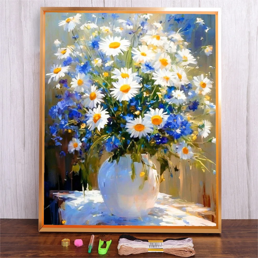 

Daisy Flowers Printed Embroidery Beginner Embroidery Kit For Adults Full Pattern Canvas Practice Kit Homemade Crafts For Adults