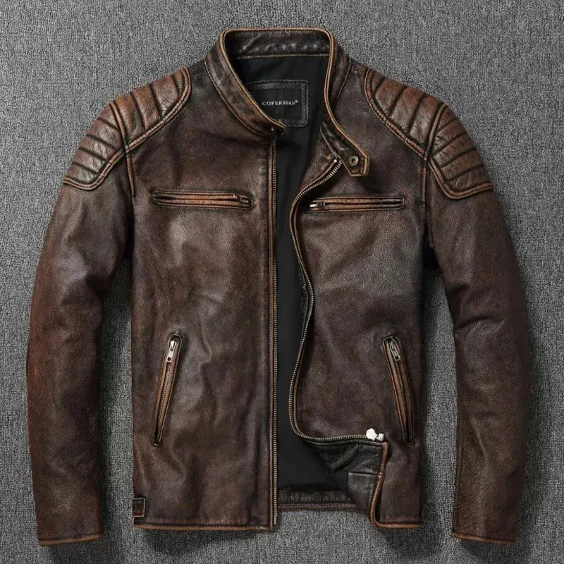 Vintage Black Brown Real Cowhide Genuine Leather Jacket Fur Men's Bomber Men Motorcycle Coat