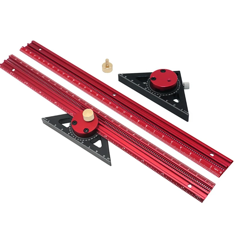 Precision Scribe Ruler Aluminum T-Type Line Drawing Hole Ruler Woodworking Square Layout Marking Gauge Durable Red+Black 400Mm