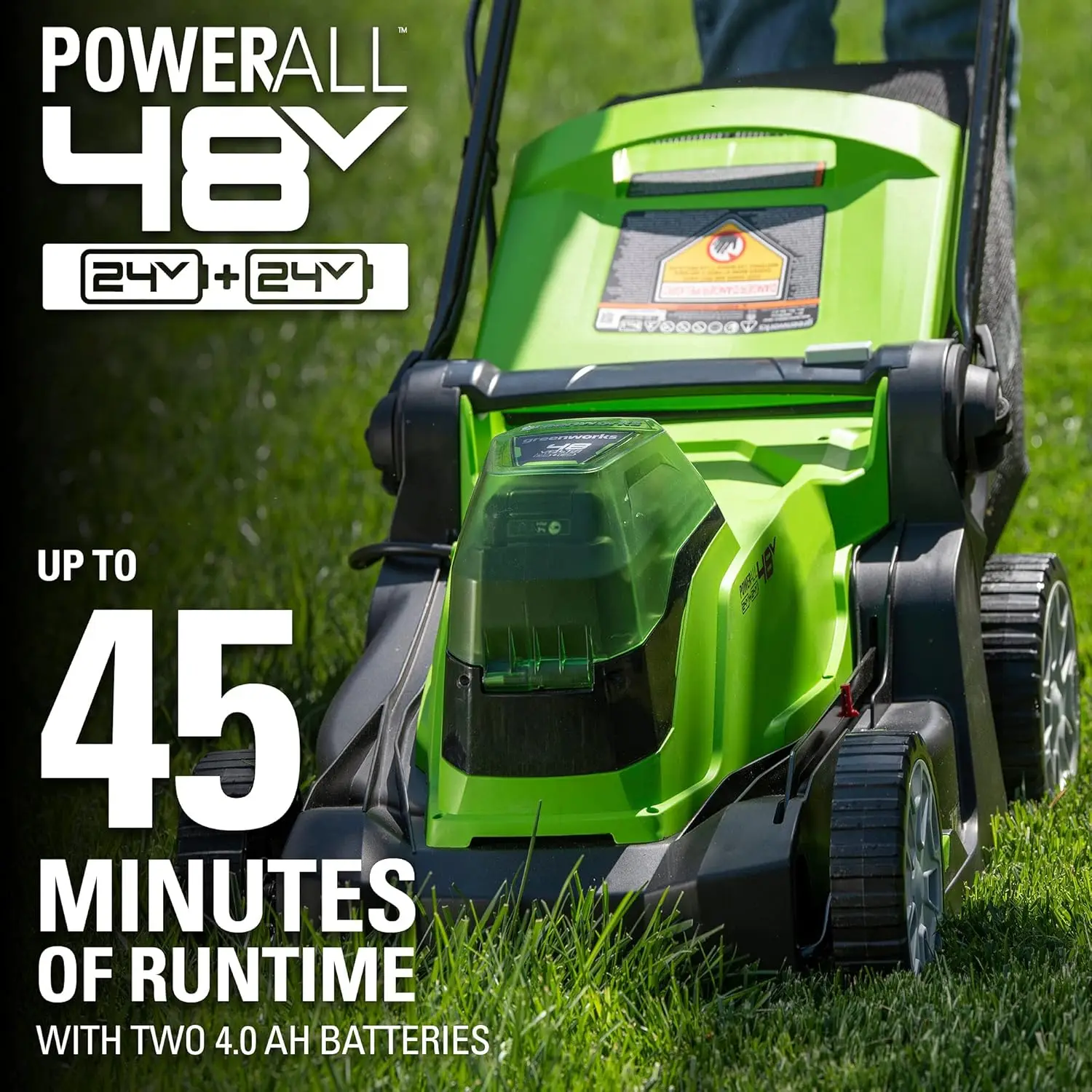 

48V (2 x 24V) 17" Brushless Cordless Lawn Mower + 24V Drill / Driver, (2) 4.0Ah USB Batteries (USB Hub) and Dual Port Rapid