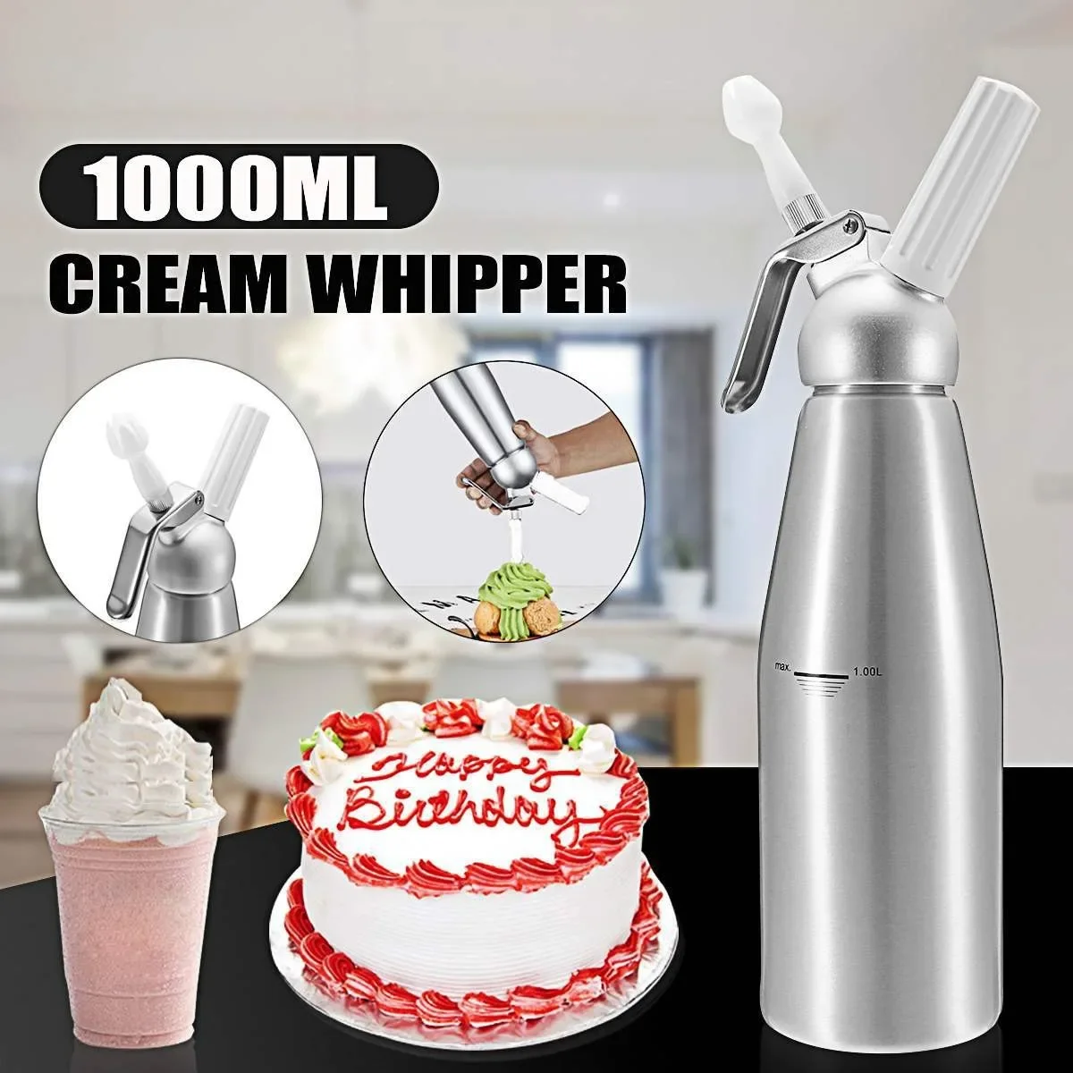 Pistola de espuma para crema de 500/1000ml, pistola para tuberías de pastel, sifón, botella para apretar, herramienta para postr