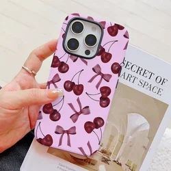 Luxury Cherry Bow Phone Case for iPhone 16 15 14 13 12 11 Pro Max Plus Luxury Magnetic Double-layer Back Cover
