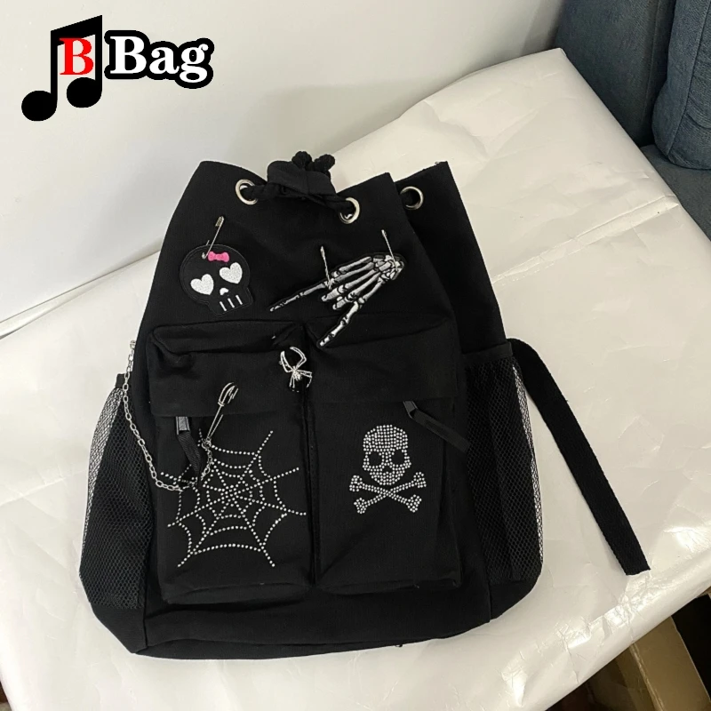 Y2K Gothic Women Girls punk Rock Backpack shoulder Bags Handbags Harajuku student punk Drawcord embroidery Backpacks totes