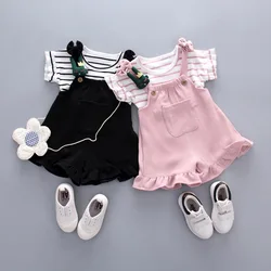 Children's Suit Girls Round Neck striped short sleeve T-shirt Rabbit hanging solid color suspenders summer sweet two-piece set