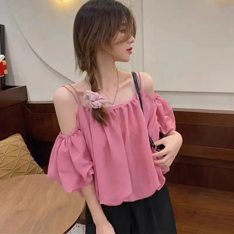 New Sweet Loose Suspender One-length Off-shoulder Cloud Puff Short-sleeved Shirt Top