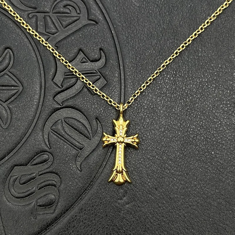 

S925 Pure Silver wholesale Thai silver plated 22K gold double full diamond cross necklace Thai silver sweater chain