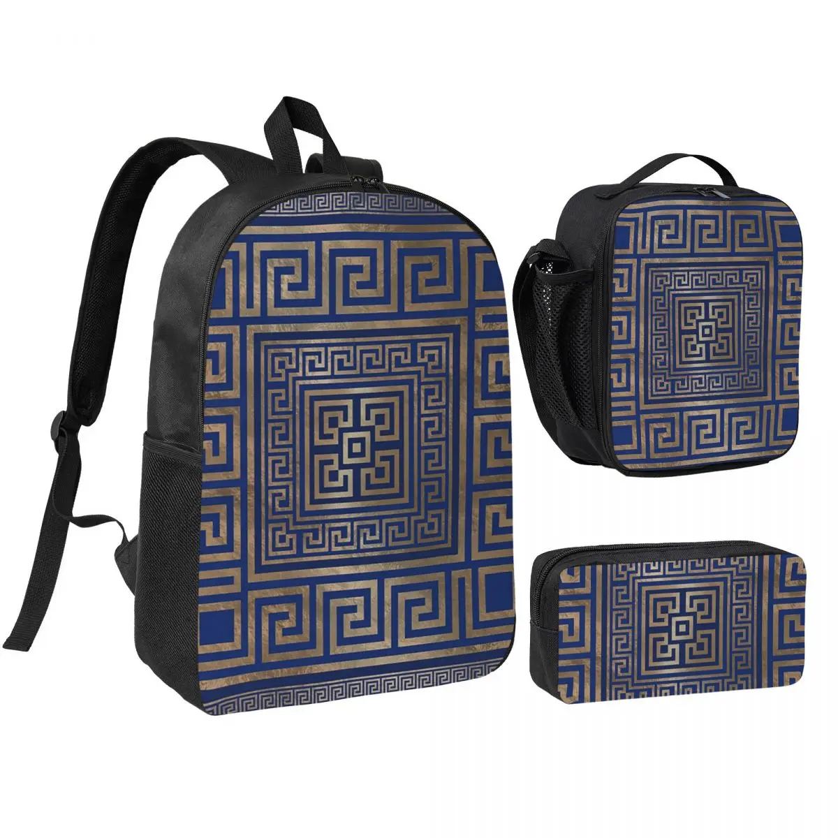 

Greek Keys Ornate Floral Baroque Gold Backpack BookBag School Bag Laptop Shoulder Bags 3ps Insulated Lunch Bag Pencil Case