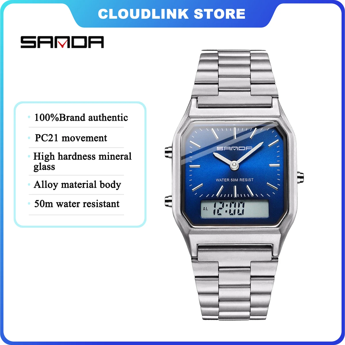 SANDA 747 Luxury Mens G Style Watches Stainless Steel Women LED Digital Dual Display Clock Unisex Waterproof Sports Quartz Watch