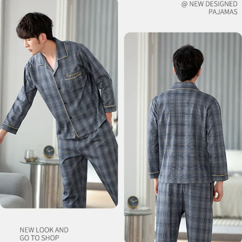 Ensemble de pyjamas en pur coton pour jeunes hommes, vêtements de détente à revers à manches longues, tenue pour garçons, grande taille, olympiques de vêtements de nuit, printemps, automne, 100%