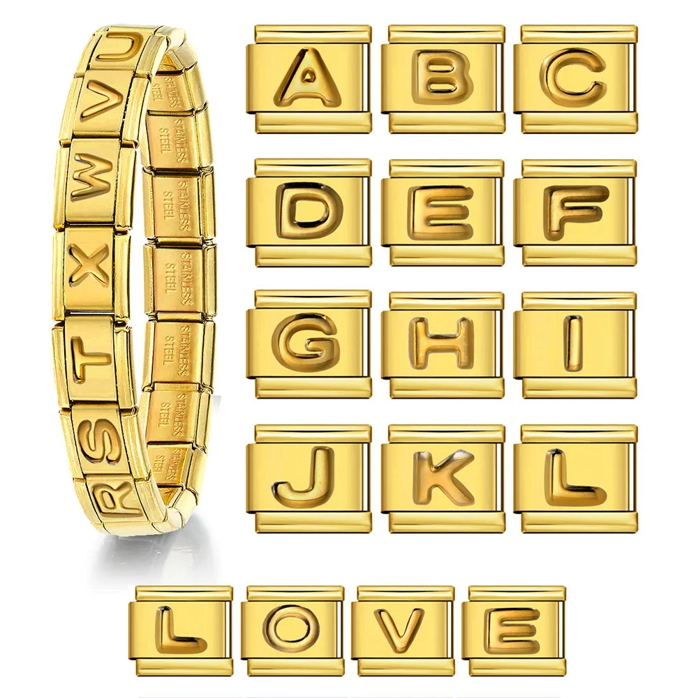Модный-Шарм-Итальянская-Звено-Подходит-9-мм-Браслет-Из-Нержавеющей-Стали-Золотого-Цвета-Английские-Буквы-26-a-z-Изготовление-diy-Женщины-Мужчины-Ювелирные-Изделия-Подарки