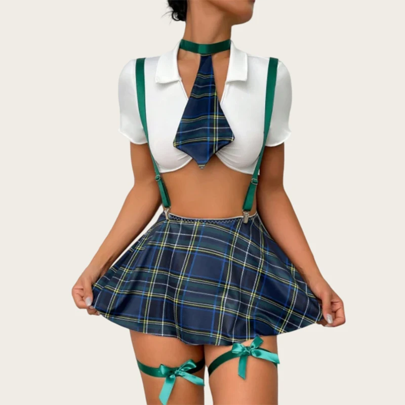 

Sexy Schoolgirl Costumes Cosplay Babydoll Erotic Lingerie Suspender Plaid Skirt Set School Uniform Party Club Women Sexy Outfits