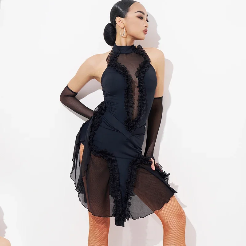 ชุดแข่งขันเต้นลาตินระดับไฮเอนด์สำหรับผู้หญิง เสื้อเปิดหลังเซ็กซี่ กระโปรงผ่าข้าง ชุดแสดงสำหรับผู้ใหญ่ ชุดเต้นลาติน