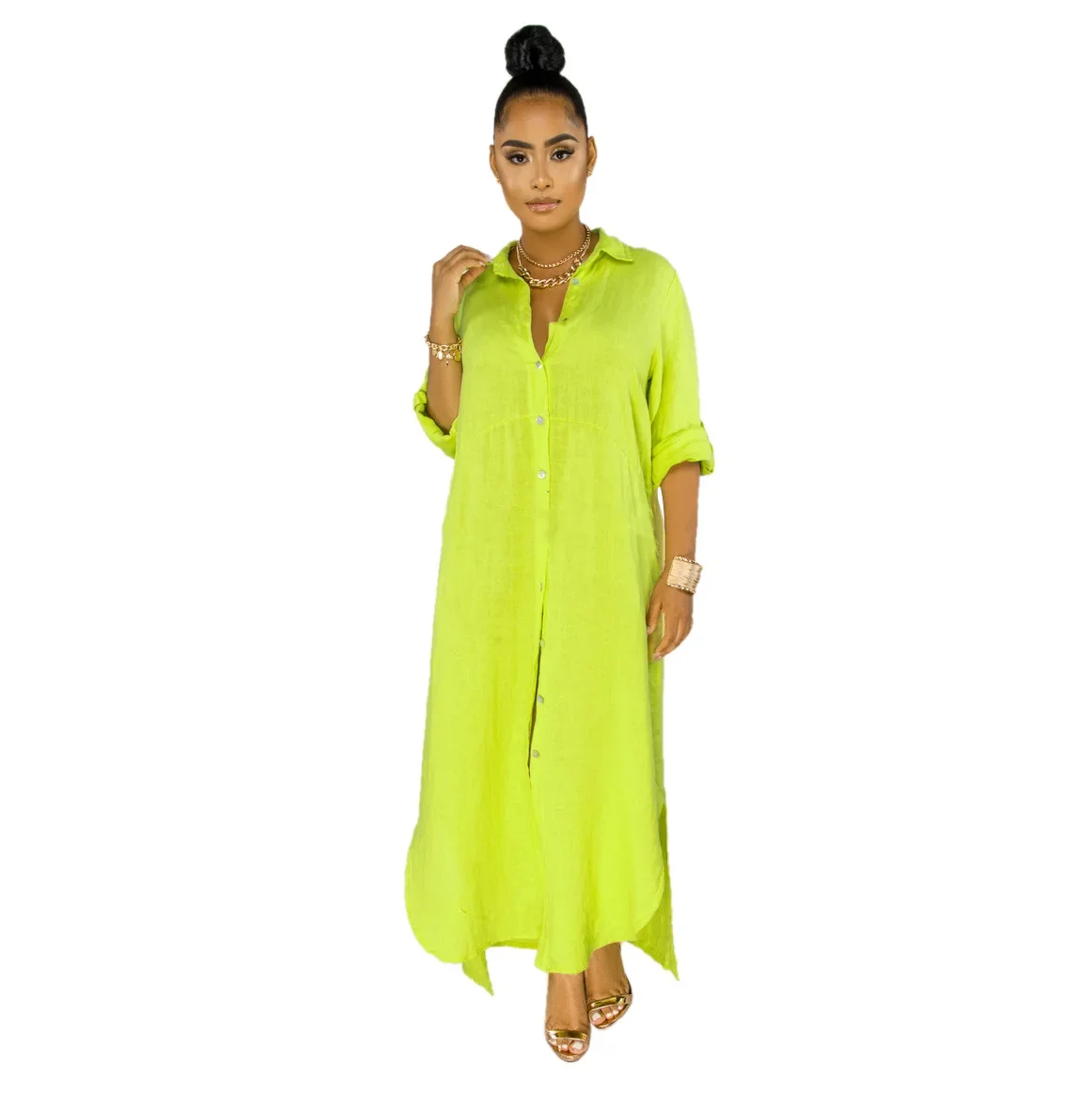Shirt Dress Women Casual Long Sleeve Side Split Button Dresses Turn Down Collar Elegant Solid Loose Vestidos Spring Summer