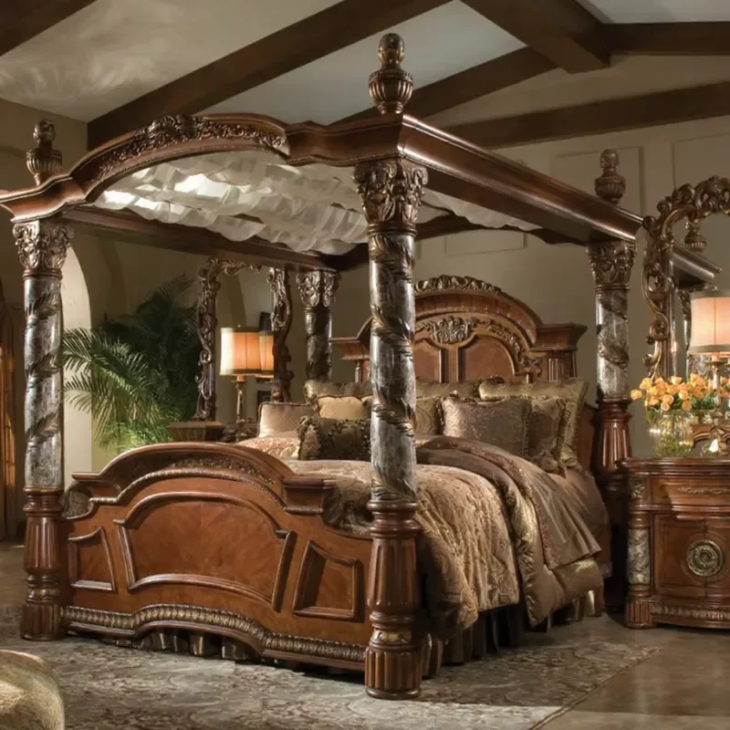 American King Size Wooden Bed Frame Luxury Traditional Antique Classic Style Bedroom Furniture Set Solid Wood Platform Bed