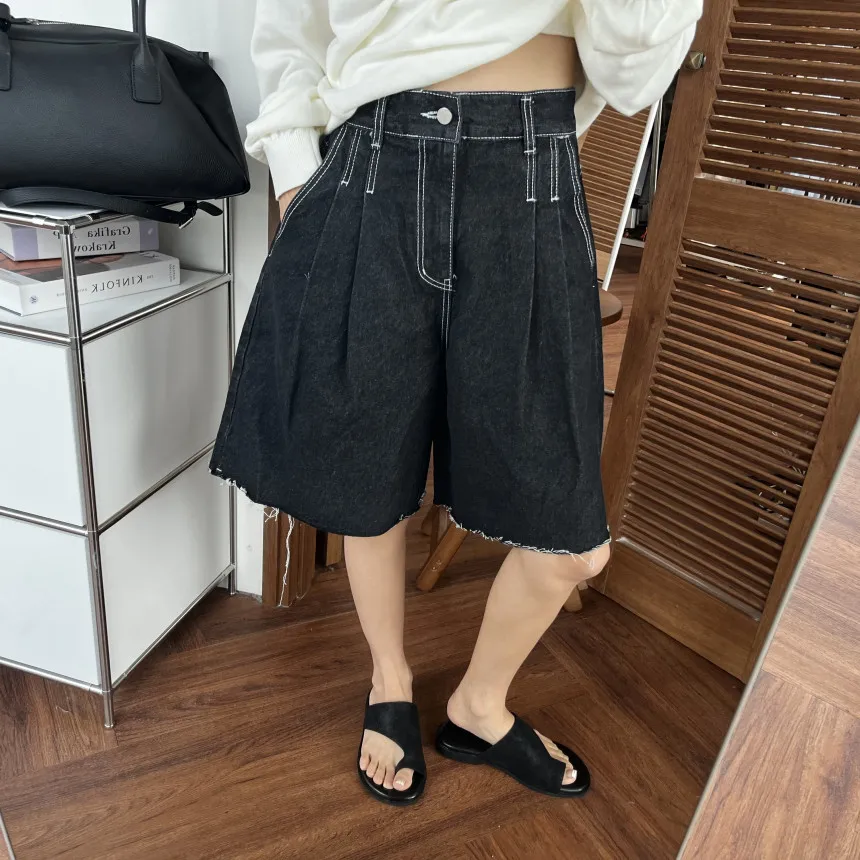 

Ripped High Waist Wide Leg Jeans Short Pants Casual Style Distressed Color Denim Frayed Women's Summer Fashion Cotton