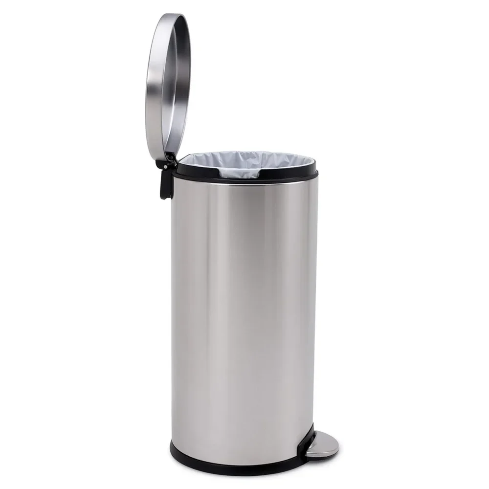 

30 Liter Round Step Trash Can, Brushed Stainless Steel Classic Round Shape Strong Steel Pedal Silent Close Lid Stay-Open Lid