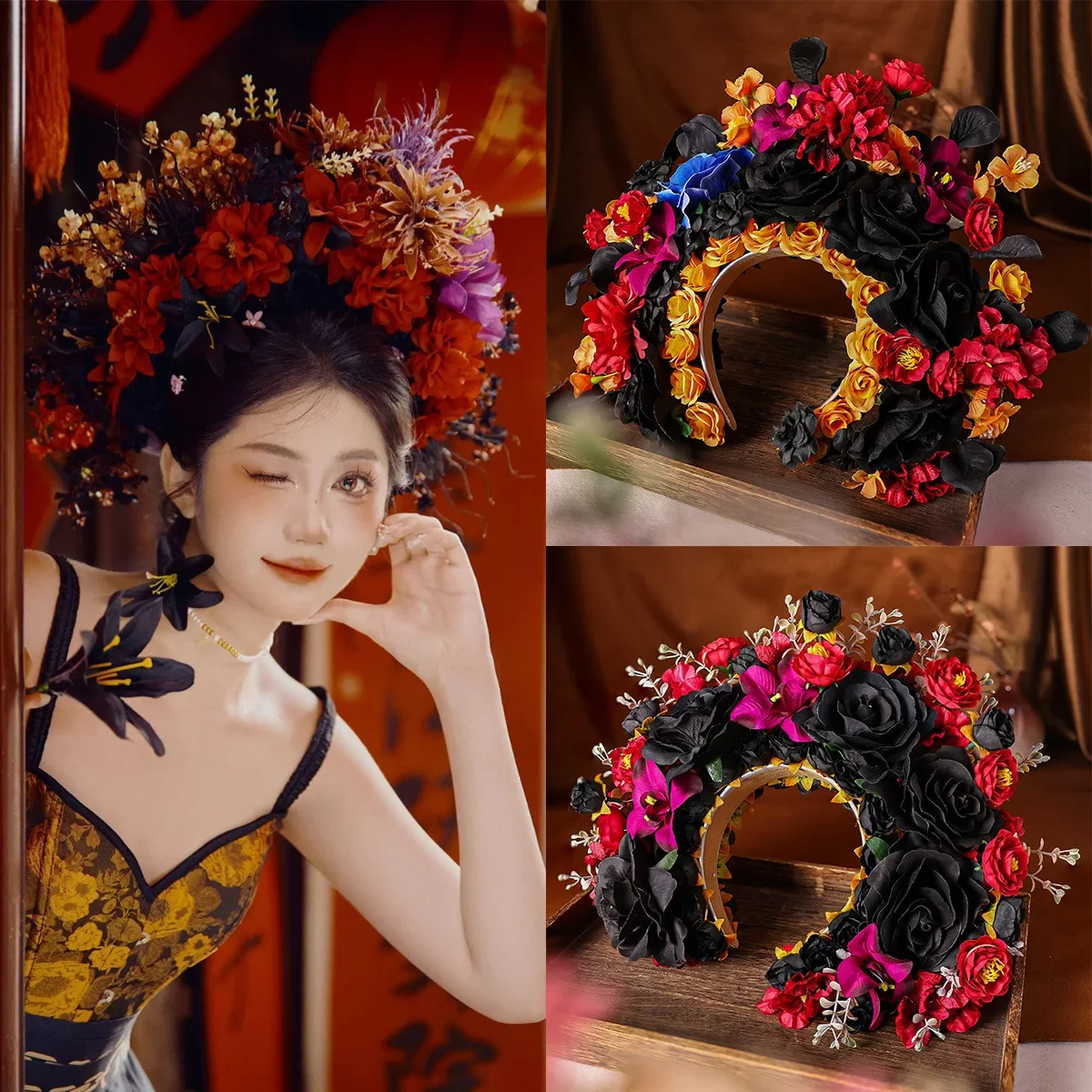 Quanzhou Hairpin Hanfu Silk Flower Headwear Traditional Ethnic Style Photorealistic Floral Crown Dark Tone Hair Accessories