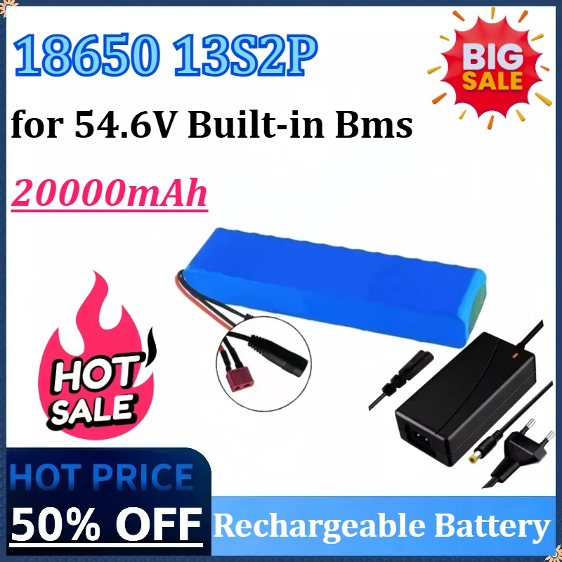 

New 18650 13S2P 48V 20Ah Lithium Battery Packs High Power Battery for 54.6V Built-in Bms with Charger for XT60 +DC /T+DC Plug