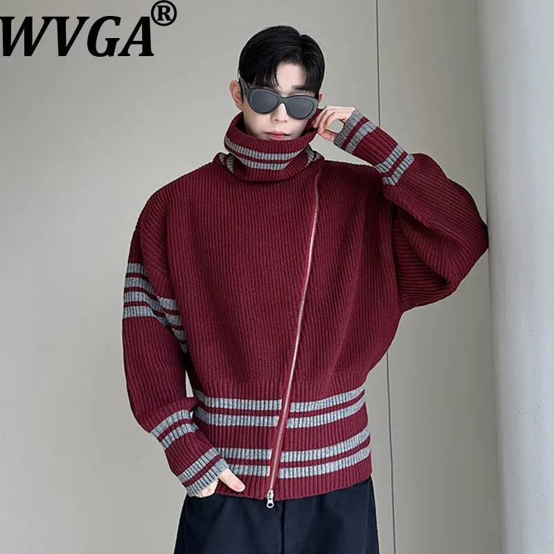 

WVGA Spring Autumn New Men Tide Niche Design Color-Block Striped Diagonal Zipper High Neck Knitted Casual Sweater Ins Y2K W17159