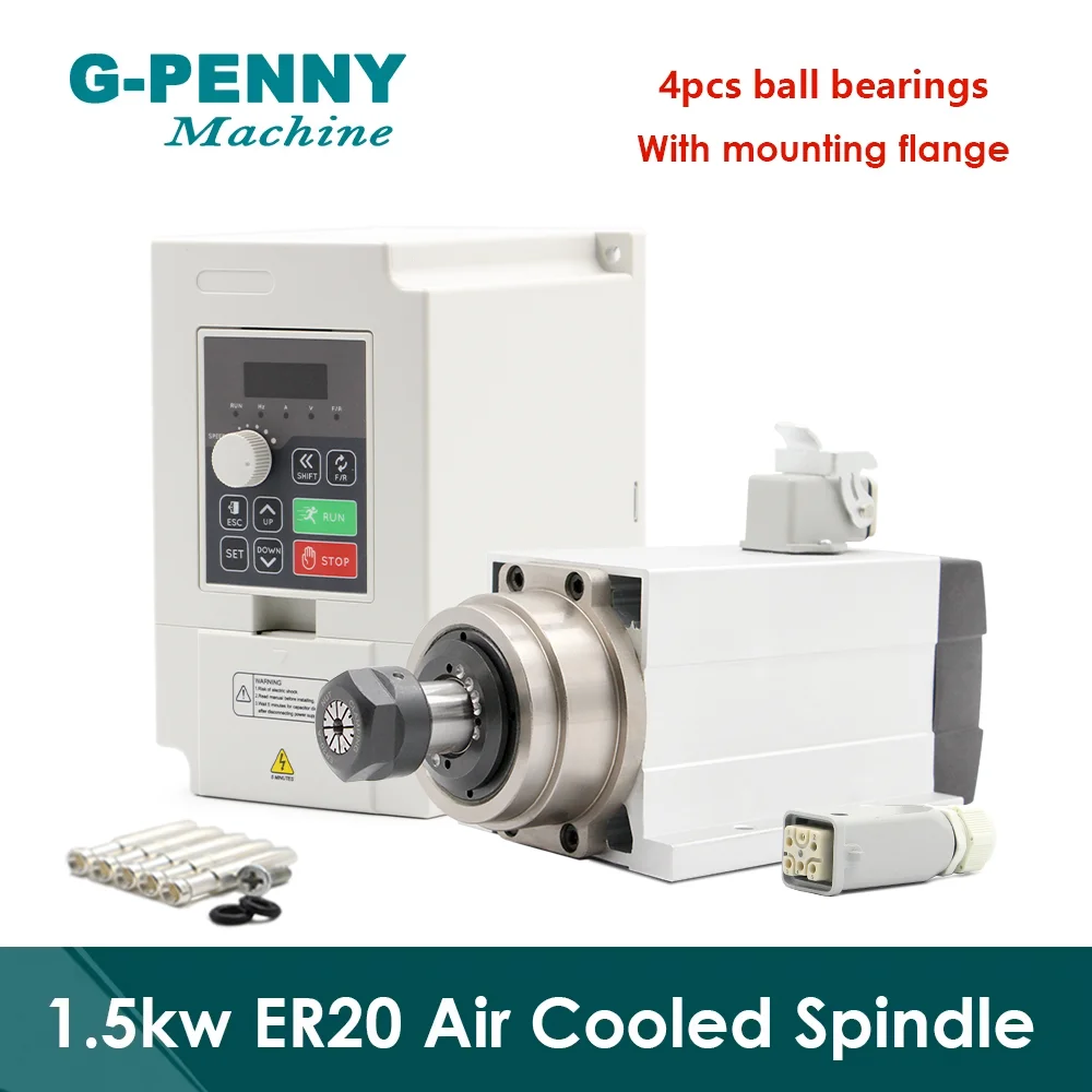 220v 380v Spindle motor 1.5kw ER20 Air Cooled with flange square spindle air cooling with 1.5kw VFD Variable Frequency Drive