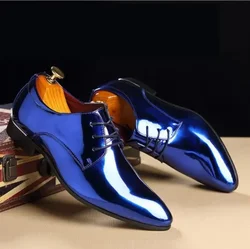 Zapatos de charol de moda para hombre, calzado de boda, color dorado, azul, rojo, blanco, Oxfords, zapatos de vestir de punta estrecha de diseñador, talla grande 37-48