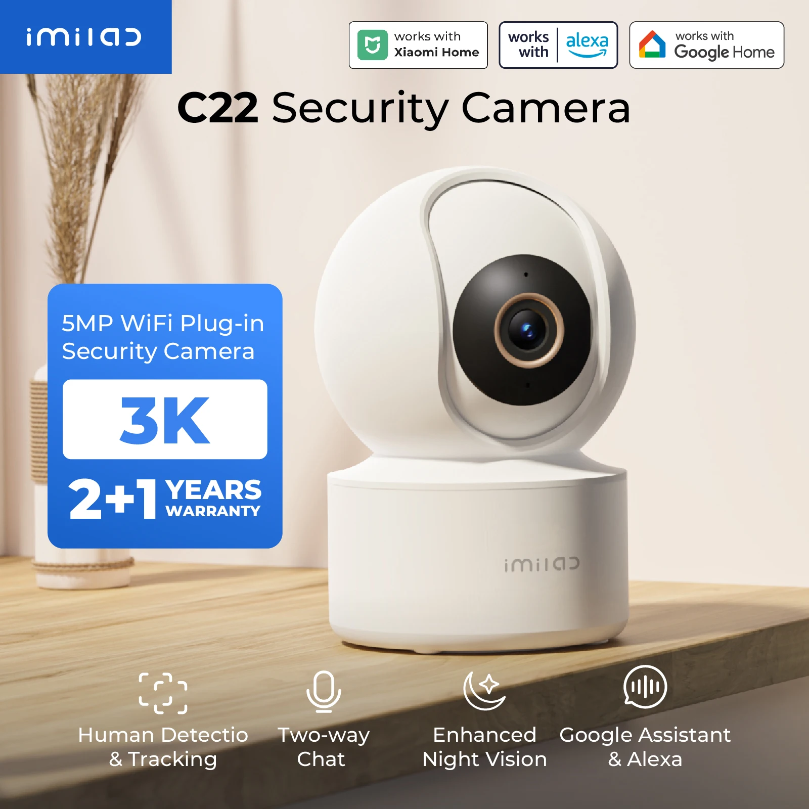 IMILAB C22 3K IP Indoor Camera Detection Color Night Vision Monitor for Baby/Pet 2-Way Audio Wi-Fi6 Powerful AI Algorithm White