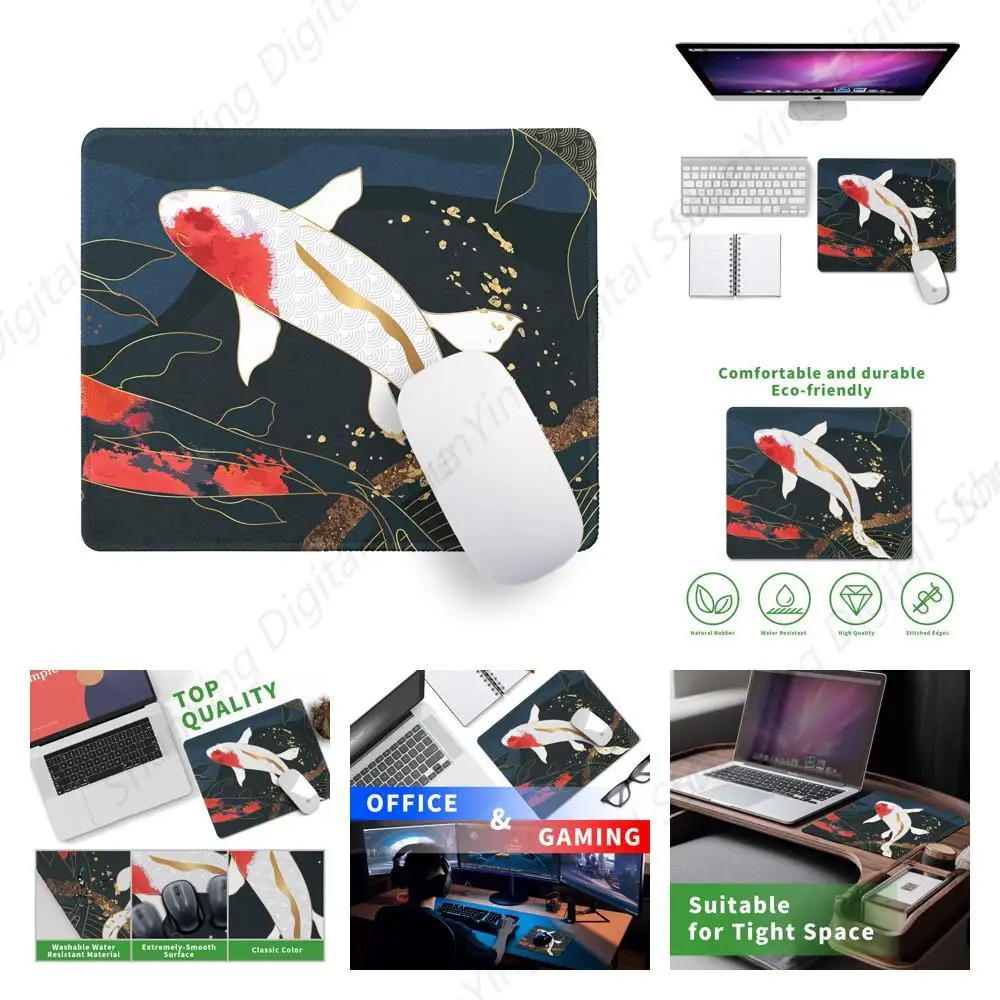Koi Fish Printed Gaming Mouse Pad Non slip Rubber Base 8.6 X 7 Inch with Stitching Edge Laptop Mouse Pad Home Office