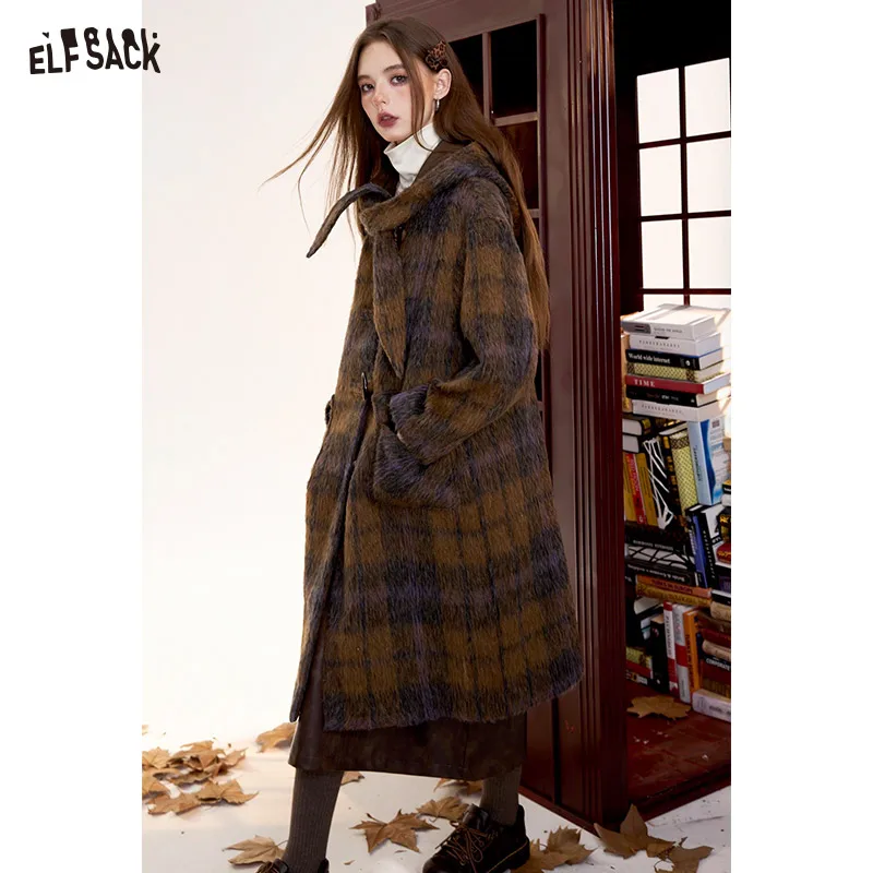 

ELFSACK 2024 Winter New Arrivals Women's Brown Plaid Hooded Long Wool Coat with Horn Buttons