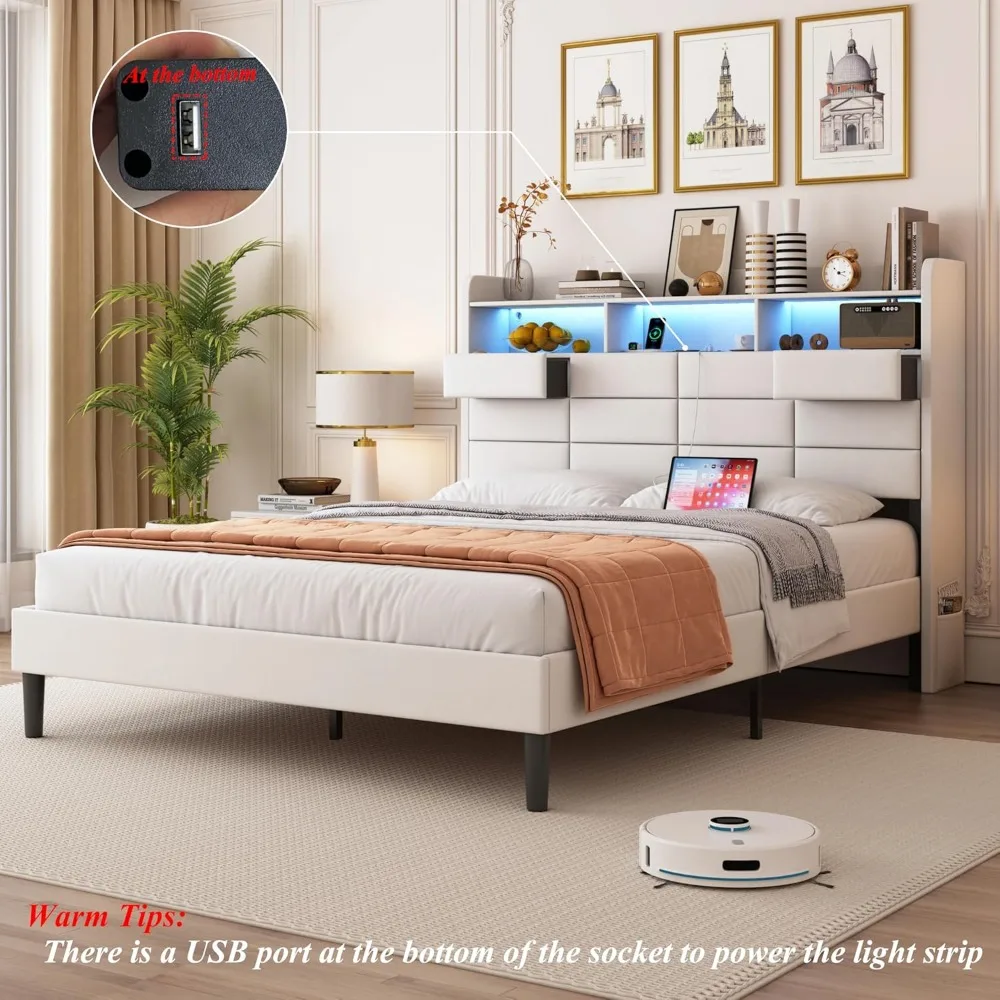 إطار سرير LED بحجم كوين مع مساحة تخزين ولوح رأسي مخملي ودرجين مخفيين ومحطة شحن #6