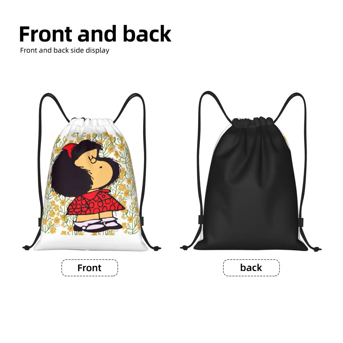 Aangepaste Mafalda en bloemen tas met trekkoord heren dames lichtgewicht Argentinië Manga Quino cartoon sport gym opslag rugzak