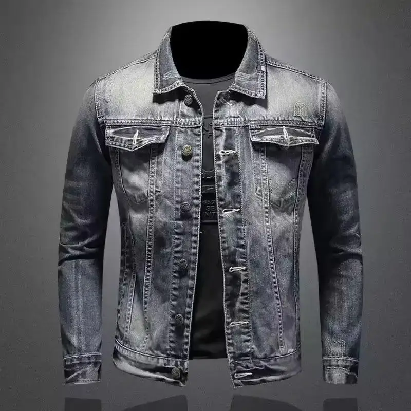 Men's Denim Jacket American Style Vintage Wash Distressed Casual Slim Fit Smooths Your Silhouette Long Sleeve Denim Blazer Trend