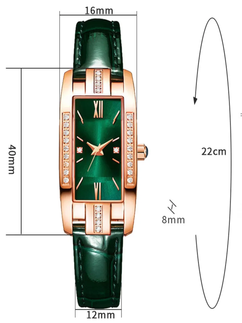 ساعة كوارتز نسائية بحزام ألماس ، قرص أخضر مربع صغير