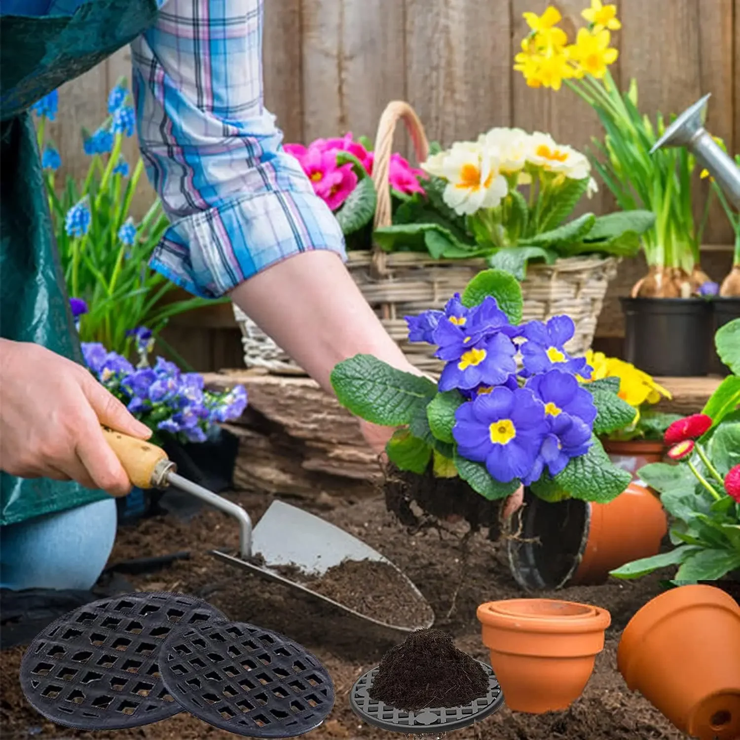 50szt Plastikowa podkładka z otworem na doniczkę, okrągła mata z dolną siatką na doniczkę Bonsai, do drenażu ogrodowego, sztywnych ekranów z