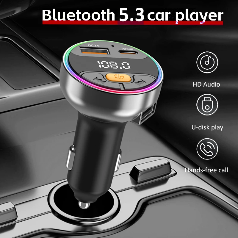 Car Bluetooth 5.3 FM Transmitter Wireless Bluetooth Car Adapter MP3 Player Handsfree Call Dual USB PD Fast Charger Roller Wheel