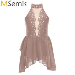 Kids Girls Shiny Rhinestone Ballet Lyrical Artistic Skating Dance Costume Sheer Mesh Body Dress Leotard Rhythm Gymnastic Dresses