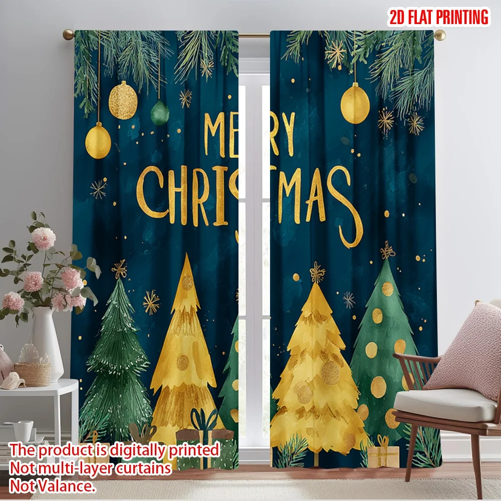 2pcs,2D plane printing Window Curtain Christmas Pine Trees Polyester Fabric (without rod) Art Deco Festive Perfect for Living