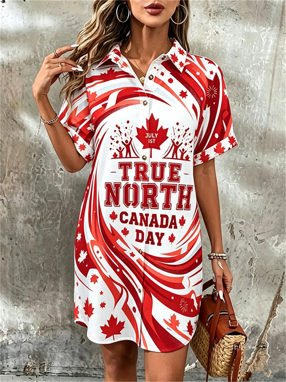 Maple Leaf Pattern Canada Style Women Shirts Dresses Summer Short Sleeve 3D Printed Turn-Down Collar Ladies Blouse Casual Dress